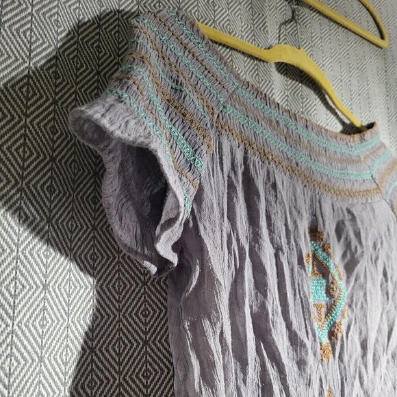 THML Scrunch Off The Shoulder Gray With Brown & Teal Embroidery Aztec Design Top - Picture 5 of 10